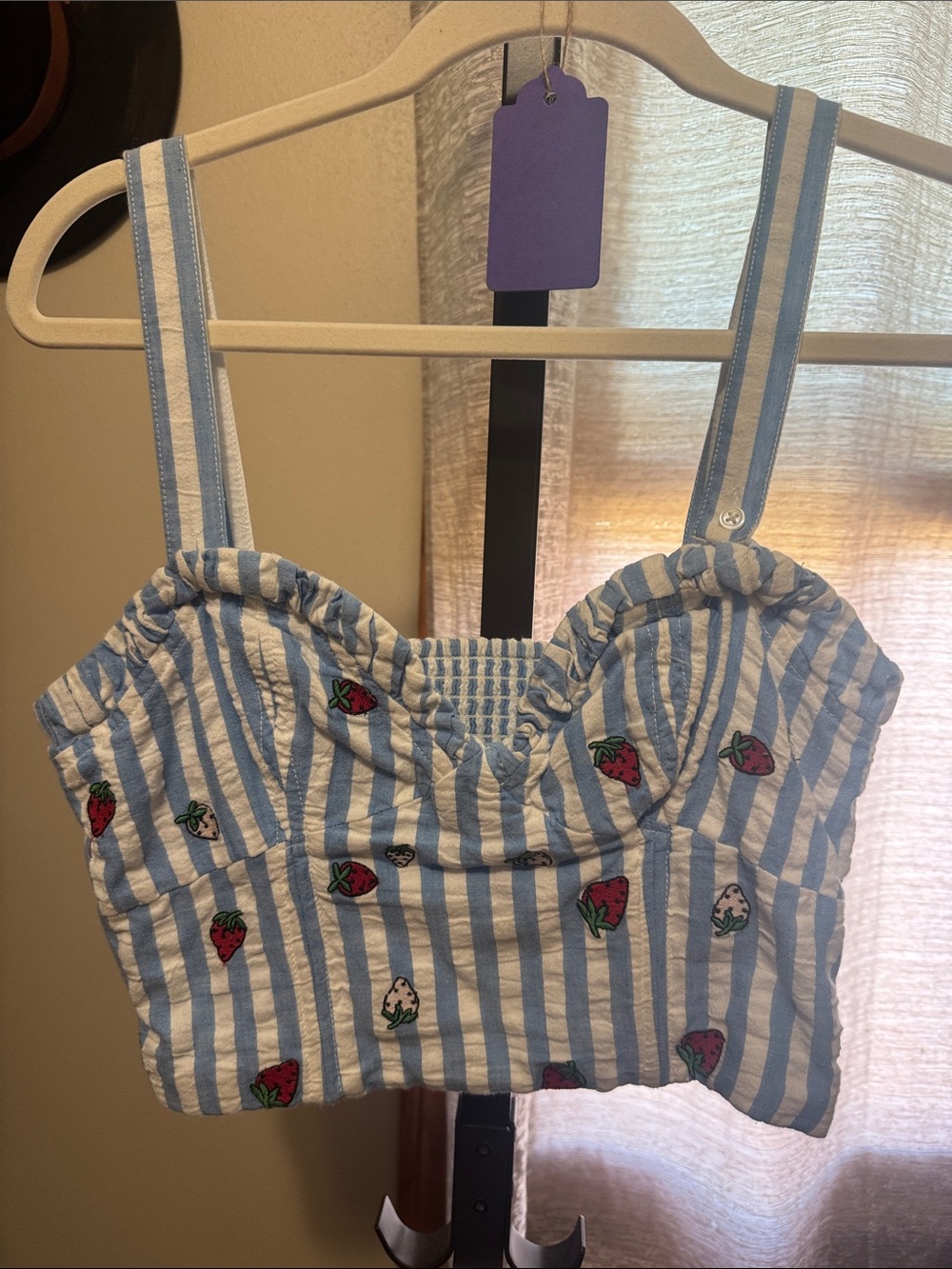 Maeve Light Blue and White Striped Strawberry Crop Top
